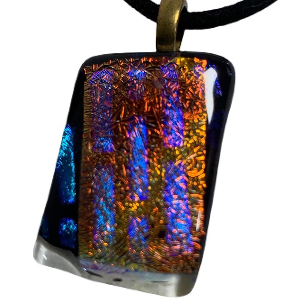 Handmade Art Glass Bubble Foil Style Black Blue Silver Tones Pendant Jewelry - Picture 1 of 4